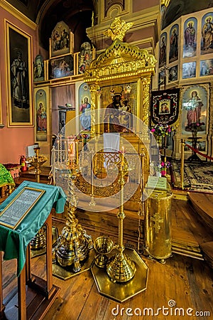 Gold ornated interior of orthodox church of John Chrysostom in Staraya Ladoga Saint Nicholas Staroladozhsky Nikolsky male Editorial Stock Photo