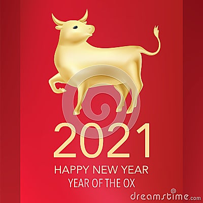 Gold Ox, Symbol of 2021 New Year, Golden Metallic Bull isolated on a white background Vector Illustration