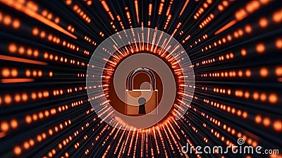 A gold padlock is centered in a tunnel of glowing orange data streams, representing digital security Cartoon Illustration