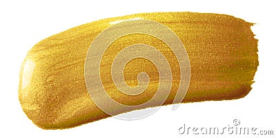 Gold paint brush smear stroke. Acrylic golden color stain on white background. Abstract gold glittering textured glossy illustrati Cartoon Illustration