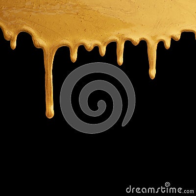 Gold paint dripping on black background, creative frame Stock Photo