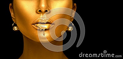 Gold paint drips from the lips, golden liquid drops on beautiful model girl`s mouth, creative abstract makeup Stock Photo