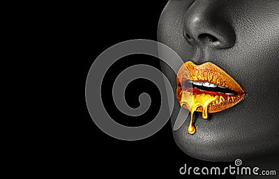 Gold Paint smudges drips from African American woman face, lips lipgloss dripping from sexy lips, golden liquid drops Stock Photo