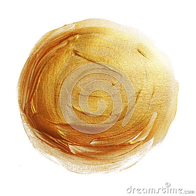 Gold paint stamp. Round gold border frame. Abstract hand sketched shape, design elements. Gold glitter stamp. Stock Photo