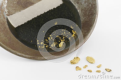 Gold pan with natural placer gold Stock Photo