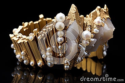 gold and pearl beaded bracelet showcased on a jagged rock Stock Photo