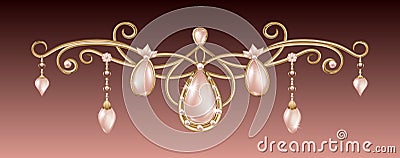 Gold pendant with pink diadem with pearls Festive jewelery with diamonds Vector Illustration