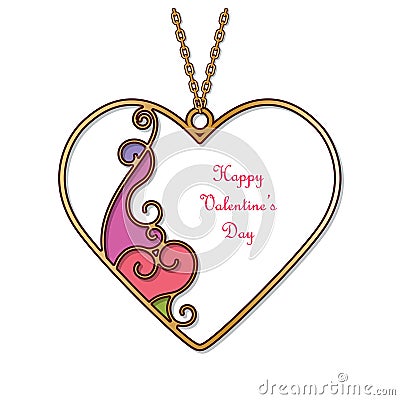 Gold pendant in the shape of heart with abstract enamel decor. Valentine's day template with place for text. Stock Photo