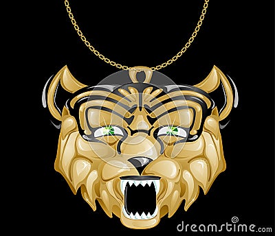 Gold pendant a tiger with emerald eyes Vector Illustration