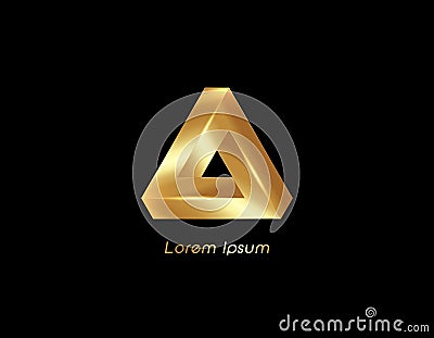 Gold Penrose triangle, 3d isometric logo business template. Optical illusion Infinity or Impossible Triangle. Monogram, Letter A Vector Illustration