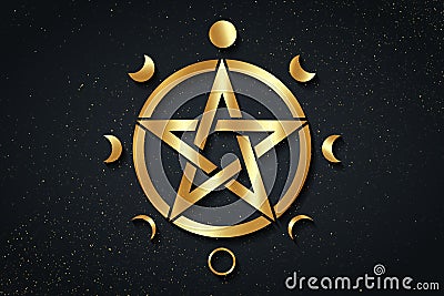 Gold Pentacle circle symbol and Phases of the moon. Wiccan symbol, full moon, waning, waxing, first quarter, gibbous, crescent Vector Illustration