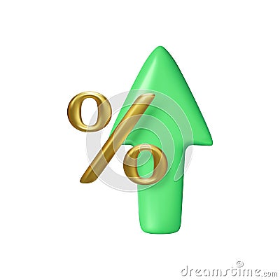 Gold percent sign and green arrow rise isolated on white background Vector Illustration