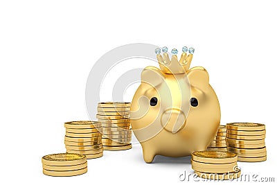 Gold piggy bank with gold coin stacks.3D illustration Cartoon Illustration