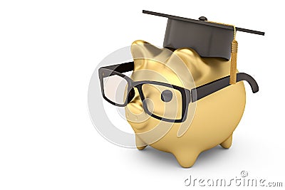 Gold piggy bank with glasses and mortarboard on white background Cartoon Illustration
