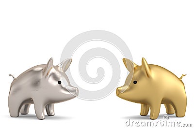 Gold piggy and silver piggy on white background 3D illustration. Cartoon Illustration