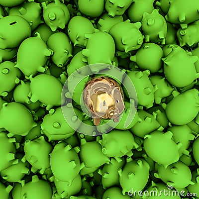 Gold piggybank among green ones Stock Photo