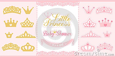 Gold and pink crowns set. Little princess design elements. Vector Illustration