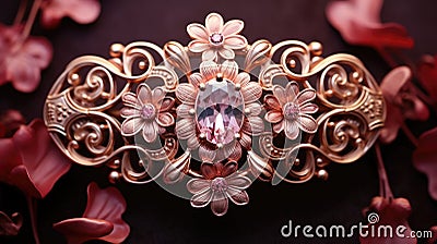 A gold and pink flower brooch with a large diamond, AI Stock Photo