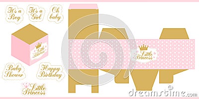 Little princess party printable template baby shower, birthday Die paper box. Print and cut. Vector Illustration