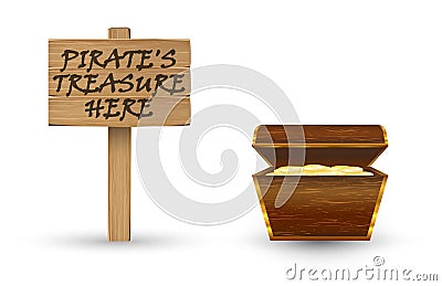 Gold pirate treasure with pirate treasure wood board sign Vector Illustration