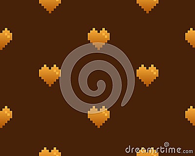 Gold pixel heart on brown background, seamless vector pattern Vector Illustration