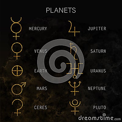 Gold planets signs and symbols set. Minimalist glitter astrology collection Astronomical illustration. Solar planetary Vector Illustration