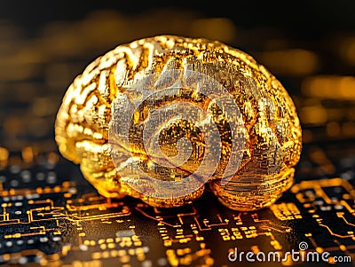 Gold plated brain placed on a microchip symbolizing AI powered computing neural engineering and technological innovation in art Cartoon Illustration