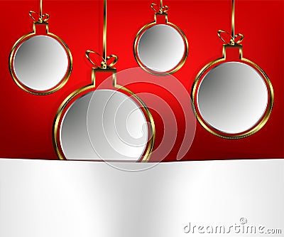 Gold-plated Christmas balls on a red background Vector Illustration