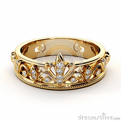 Gold Plated Crown Wedding Ring With Diamond Accents Cartoon Illustration