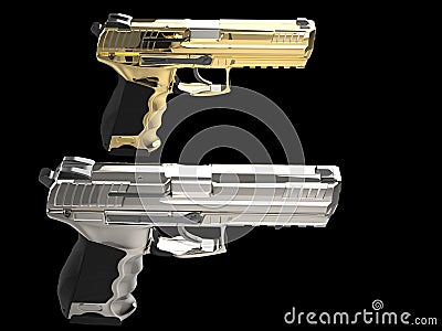 Gold and platinum modern semi auto guns - side by side Stock Photo
