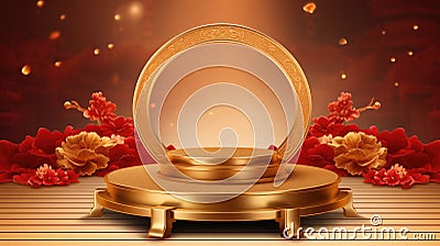 Gold Podium and surrounded by red and gold flowers, set against a dramatic backdrop with floating particles, for Chinese New Year, Stock Photo