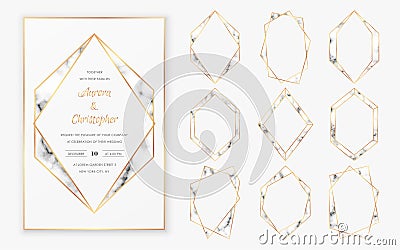 Gold polygonal crystal frames with trendy marble texture. Vector Illustration