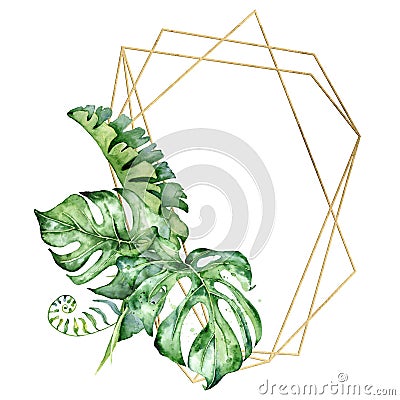 Gold polygonal frame with green tropical leaves Cartoon Illustration