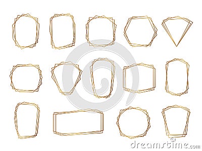 Gold polygonal frames. Golden hexagon frame, diamonds polygon decorative elements. Isolated geometric shine lines tidy Vector Illustration