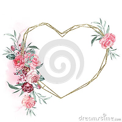 Gold polygonal heart frame, bright bouquet, watercolor composition. Stock Photo