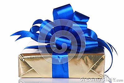 Gold present with blue ribbons Stock Photo