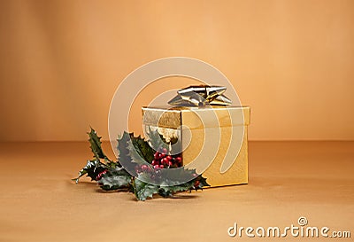Gold present and holly Stock Photo