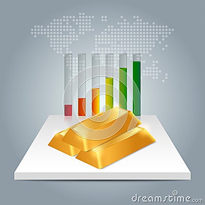 Gold price concept. Gold price growing up graph with world map b Vector Illustration