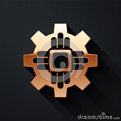 Gold Processor icon isolated on black background. CPU, central processing unit, microchip, microcircuit, computer Vector Illustration