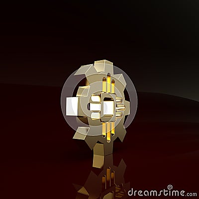 Gold Processor icon isolated on brown background. CPU, central processing unit, microchip, microcircuit, computer Cartoon Illustration