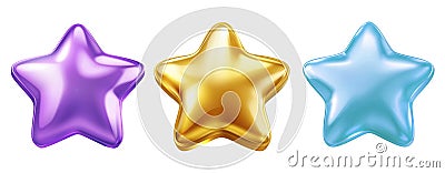 A gold, purple and blue star shaped balloon floats against a plain white background Stock Photo