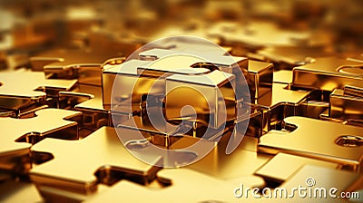 Gold puzzle background, perspective of stack of golden pieces, pattern of shiny metal blocks. Concept of business, game, design, Stock Photo