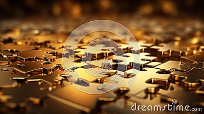 Gold puzzle background, perspective view of shiny metal pieces, pattern of golden blocks. Concept of business, game, design, Stock Photo