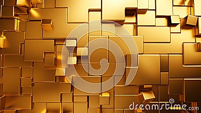 Gold puzzle background, wall of shiny metal pieces, pattern of abstract golden blocks. Concept of business, game, design, jigsaw, Stock Photo