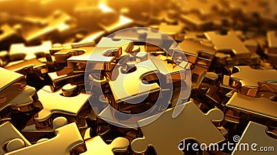 Gold puzzle pile background, stack of shiny metal pieces, pattern of abstract golden blocks. Concept of business, game, design, Stock Photo