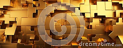 Gold puzzle texture background, wall of shiny metal pieces, pattern of abstract golden blocks. Concept of business, game, design, Stock Photo