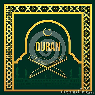 Gold Quran and in gold Masjidil Haram arabic frame style vector design Vector Illustration