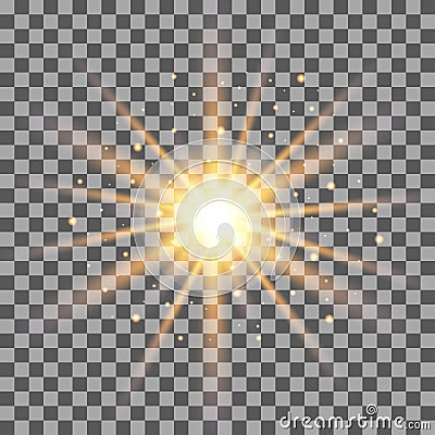 Gold rays light effect on transparent background. Vector Illustration