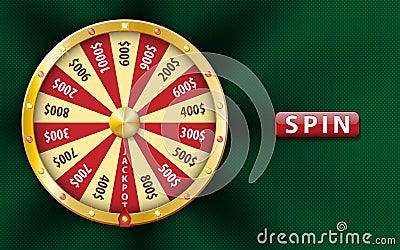 Gold realistic 3d fortune wheel, lucky game spin, luxury roulette on green background. Casino background for money Vector Illustration