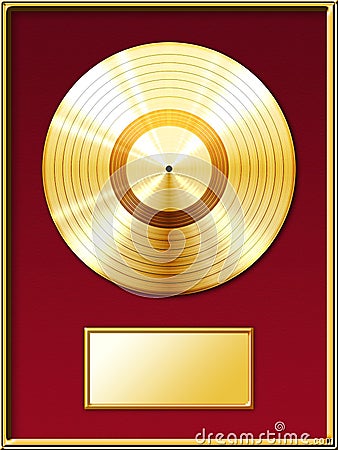 Gold record music disc award inside the golden frame with a red background. Stock Photo